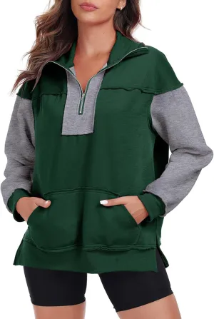Womens Half Zip Sweatshirts Oversized Long Sleeve Fleece Color Block Pullover Tops with Pocket 2024 Winter Y2K ﻿