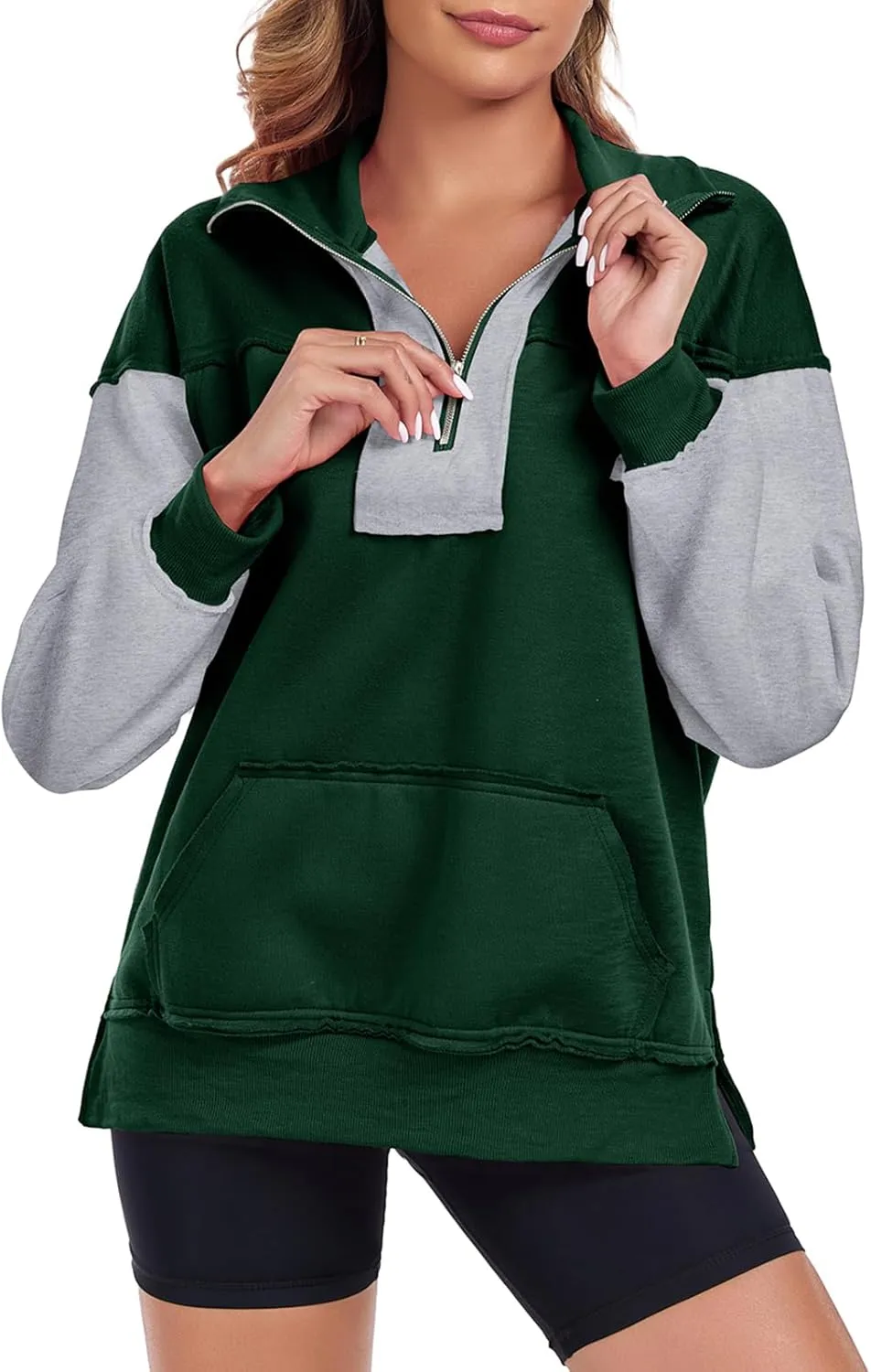 Womens Half Zip Sweatshirts Oversized Long Sleeve Fleece Color Block Pullover Tops with Pocket 2024 Winter Y2K ﻿