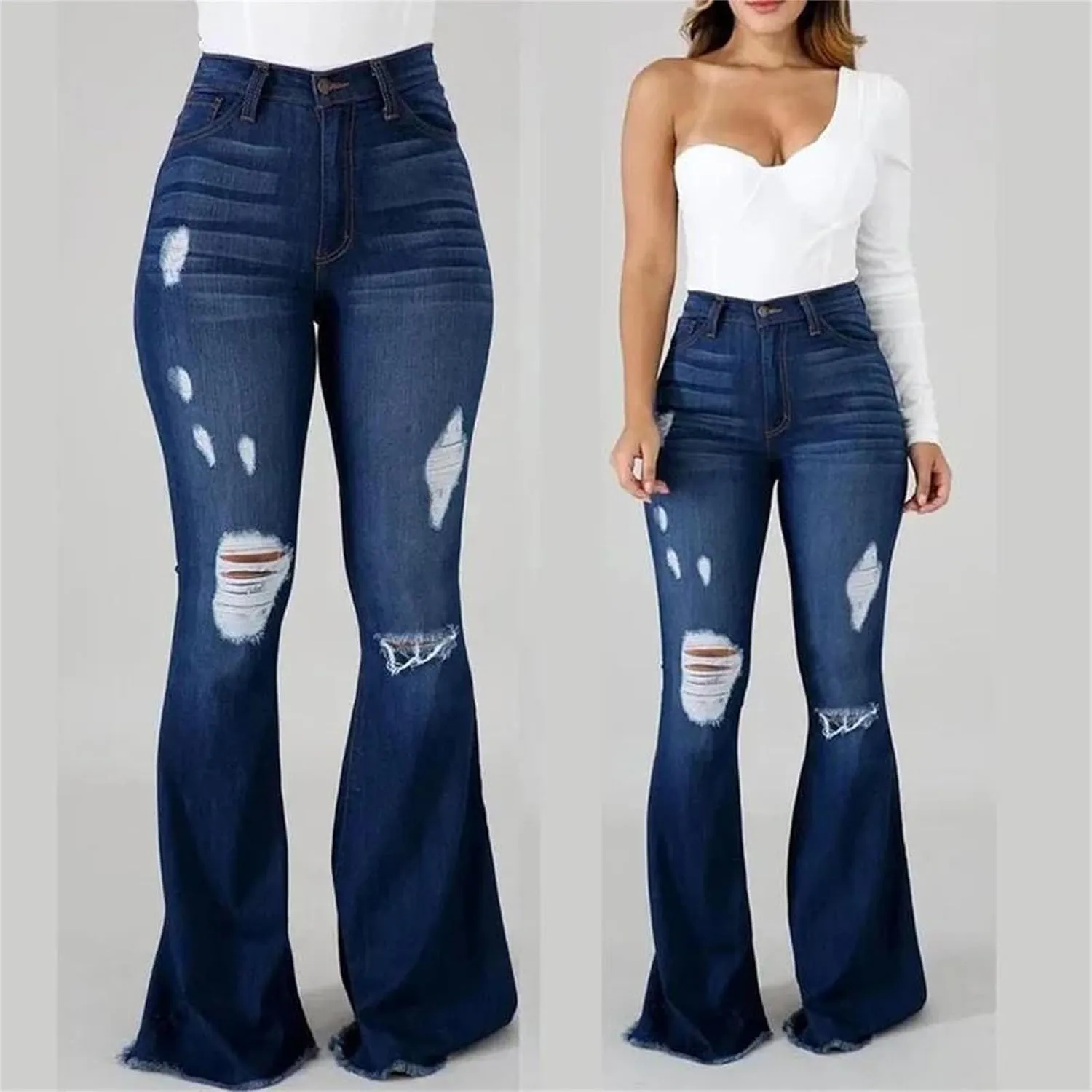 Women's High Stretch Ripped Denim Pants High Waisted Skinny Flared Trousers Button Flyjeans