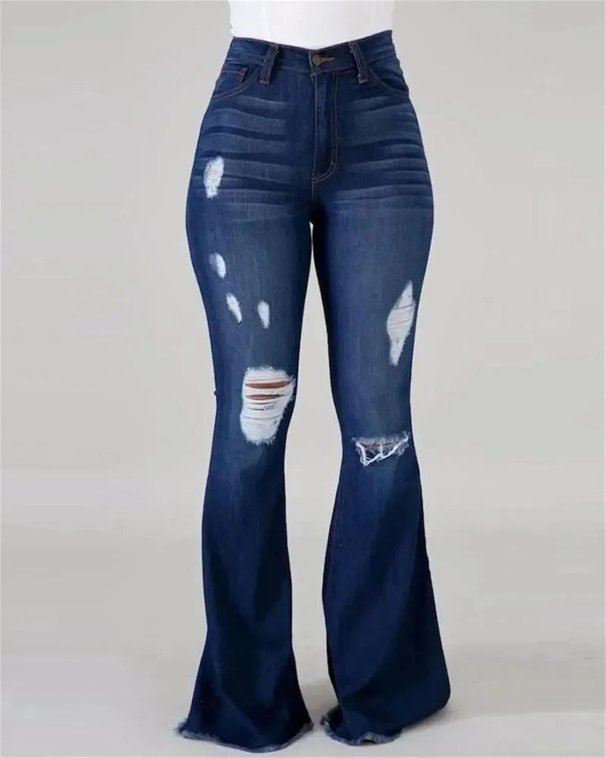 Women's High Stretch Ripped Denim Pants High Waisted Skinny Flared Trousers Button Flyjeans