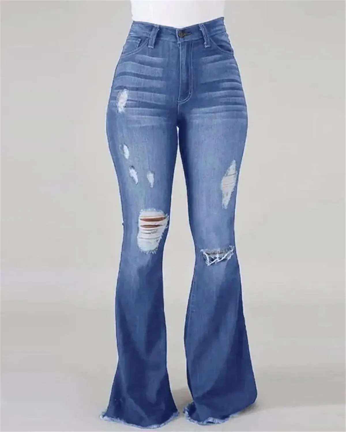 Women's High Stretch Ripped Denim Pants High Waisted Skinny Flared Trousers Button Flyjeans