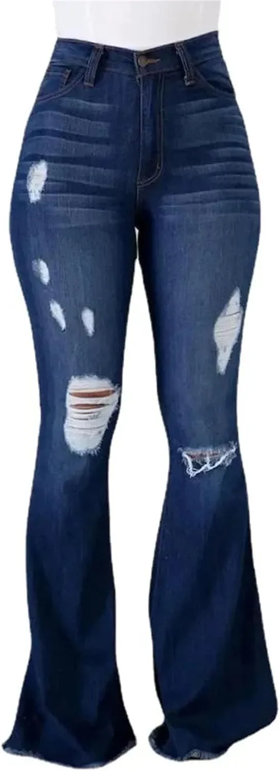 Women's High Stretch Ripped Denim Pants High Waisted Skinny Flared Trousers Button Flyjeans