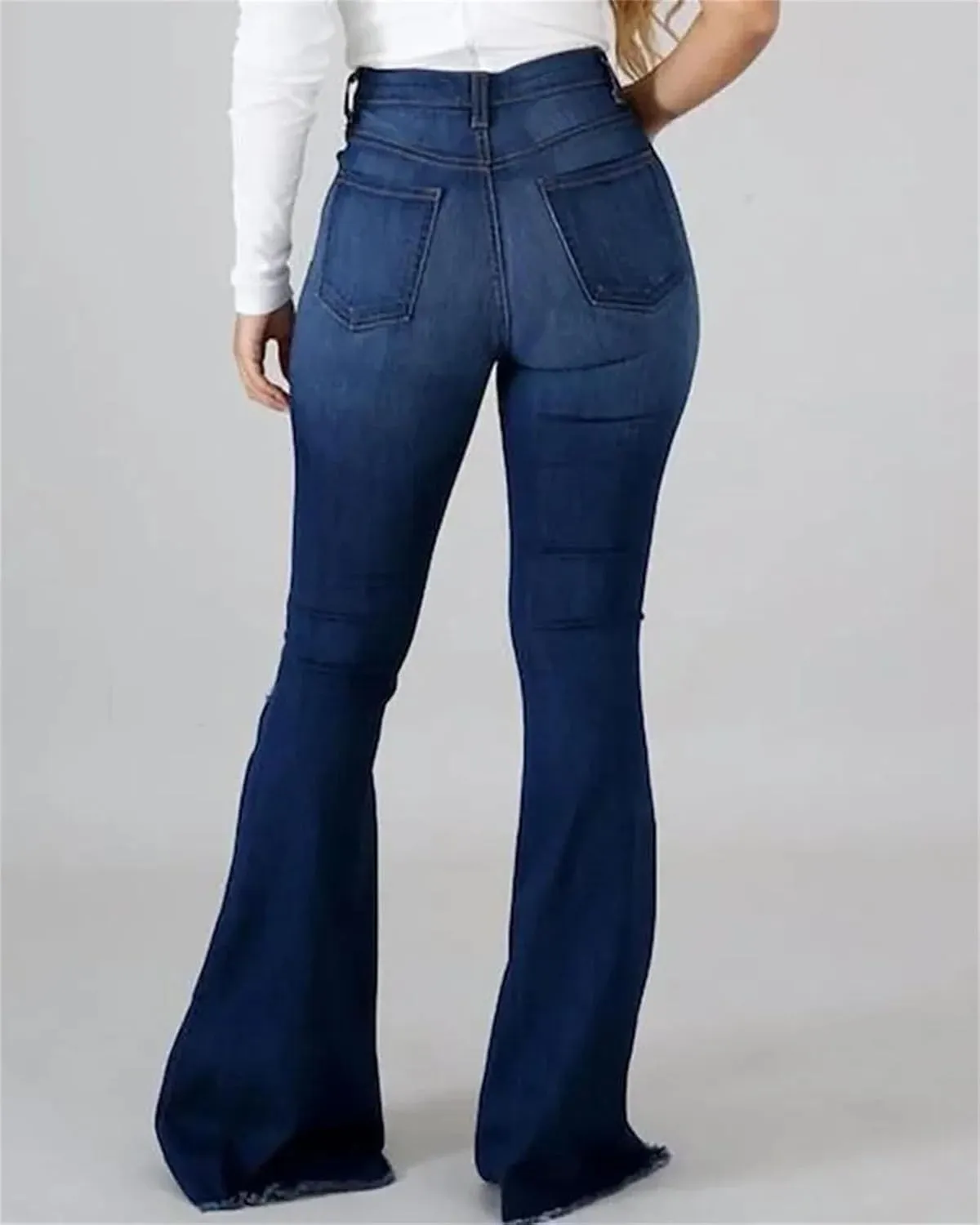 Women's High Stretch Ripped Denim Pants High Waisted Skinny Flared Trousers Button Flyjeans