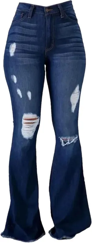 Women's High Stretch Ripped Denim Pants High Waisted Skinny Flared Trousers Button Flyjeans