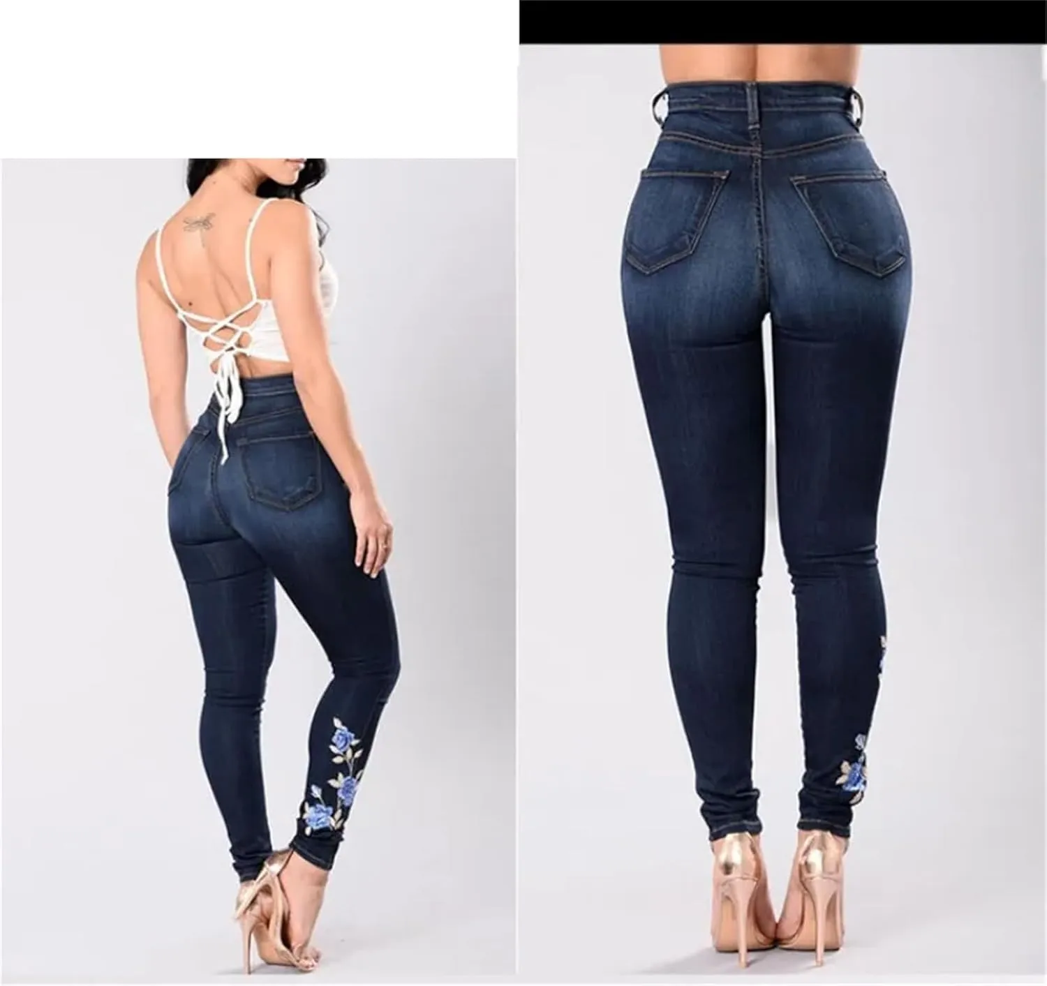 Women's High Waist Embroidery Skinny Jeans Fashion Slim Stretch Denim Pencil Pants Butt Lifting Jeggings