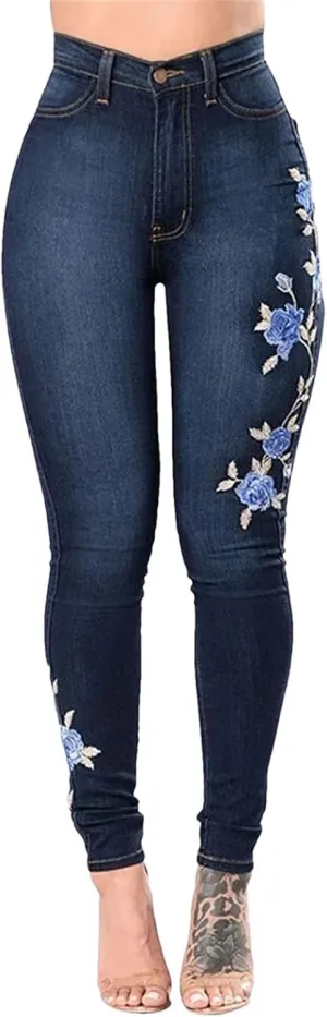 Women's High Waist Embroidery Skinny Jeans Fashion Slim Stretch Denim Pencil Pants Butt Lifting Jeggings