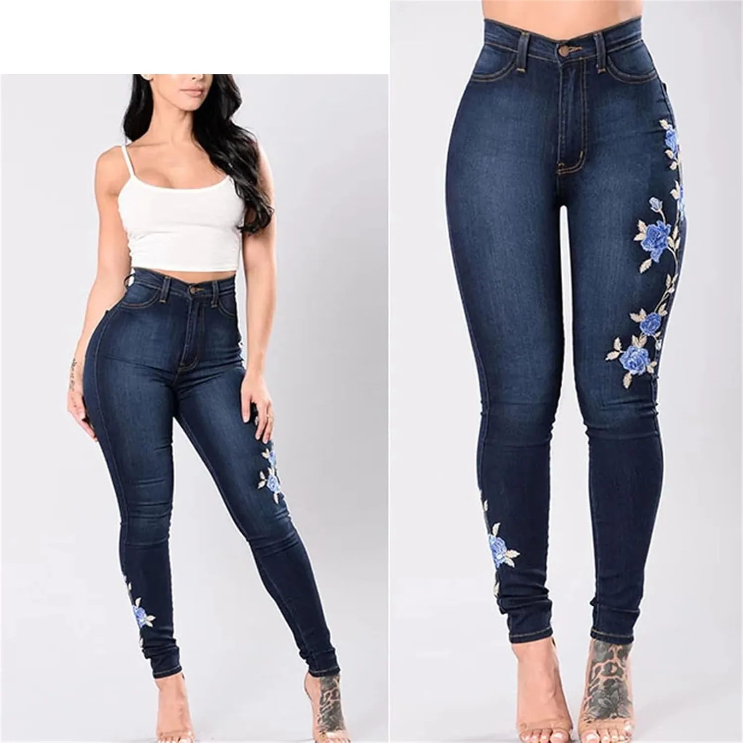 Women's High Waist Embroidery Skinny Jeans Fashion Slim Stretch Denim Pencil Pants Butt Lifting Jeggings