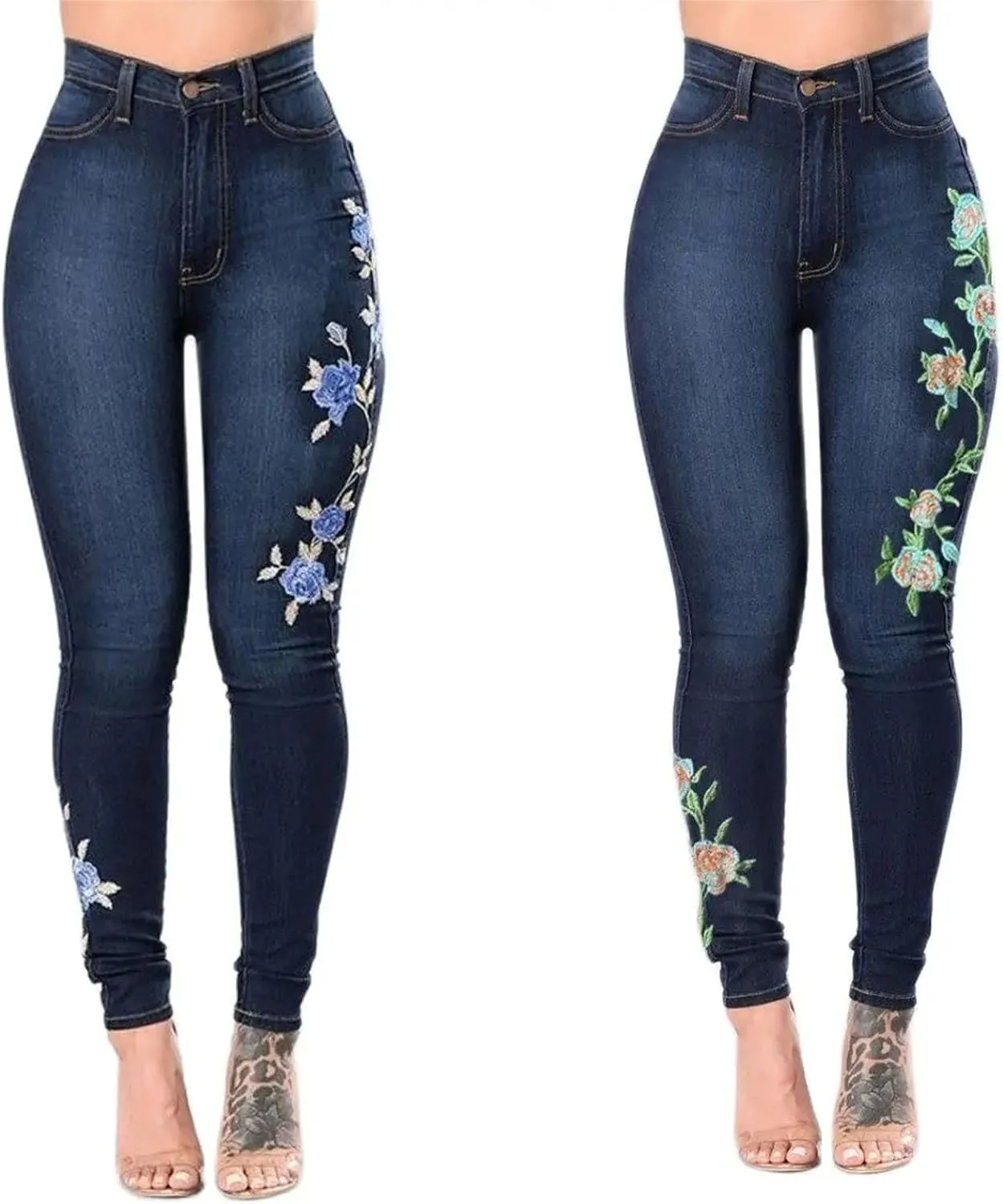 Women's High Waist Embroidery Skinny Jeans Fashion Slim Stretch Denim Pencil Pants Butt Lifting Jeggings