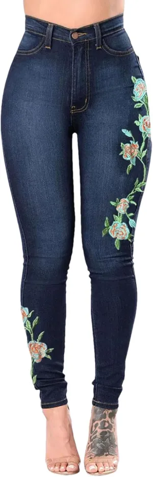 Women's High Waist Embroidery Skinny Jeans Fashion Slim Stretch Denim Pencil Pants Butt Lifting Jeggings