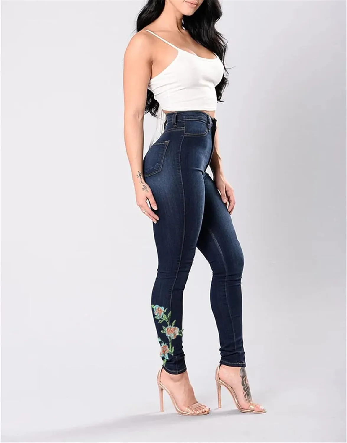 Women's High Waist Embroidery Skinny Jeans Fashion Slim Stretch Denim Pencil Pants Butt Lifting Jeggings