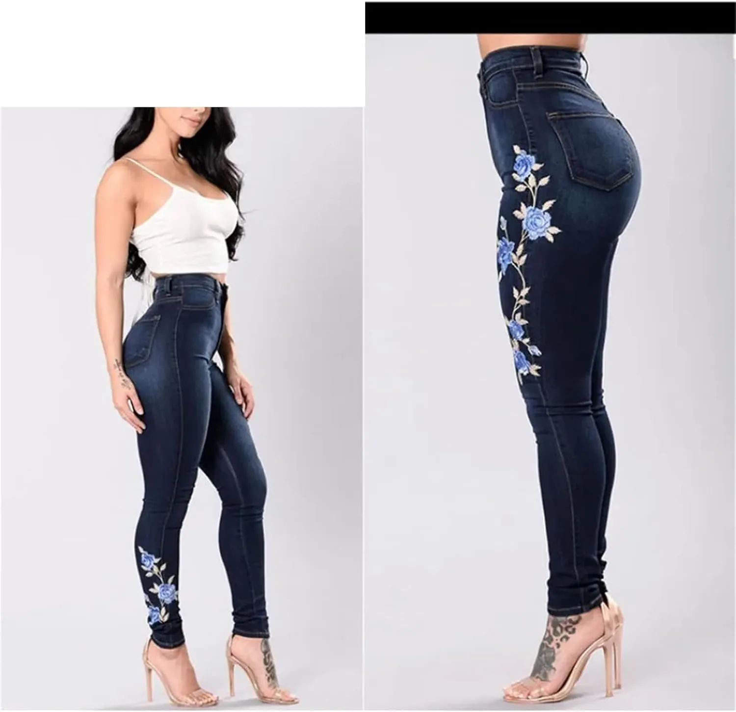 Women's High Waist Embroidery Skinny Jeans Fashion Slim Stretch Denim Pencil Pants Butt Lifting Jeggings