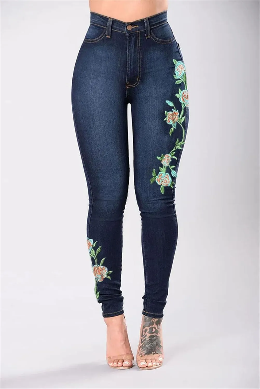 Women's High Waist Embroidery Skinny Jeans Fashion Slim Stretch Denim Pencil Pants Butt Lifting Jeggings