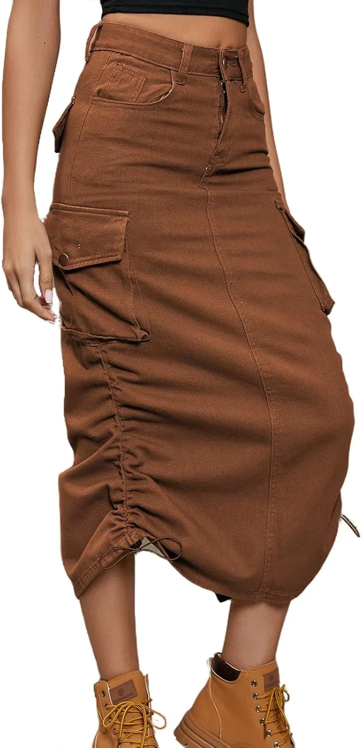Womens High Waisted Cargo Midi Skirt Drawstring Shirred Y2k Harajuku Skirt with Pockets