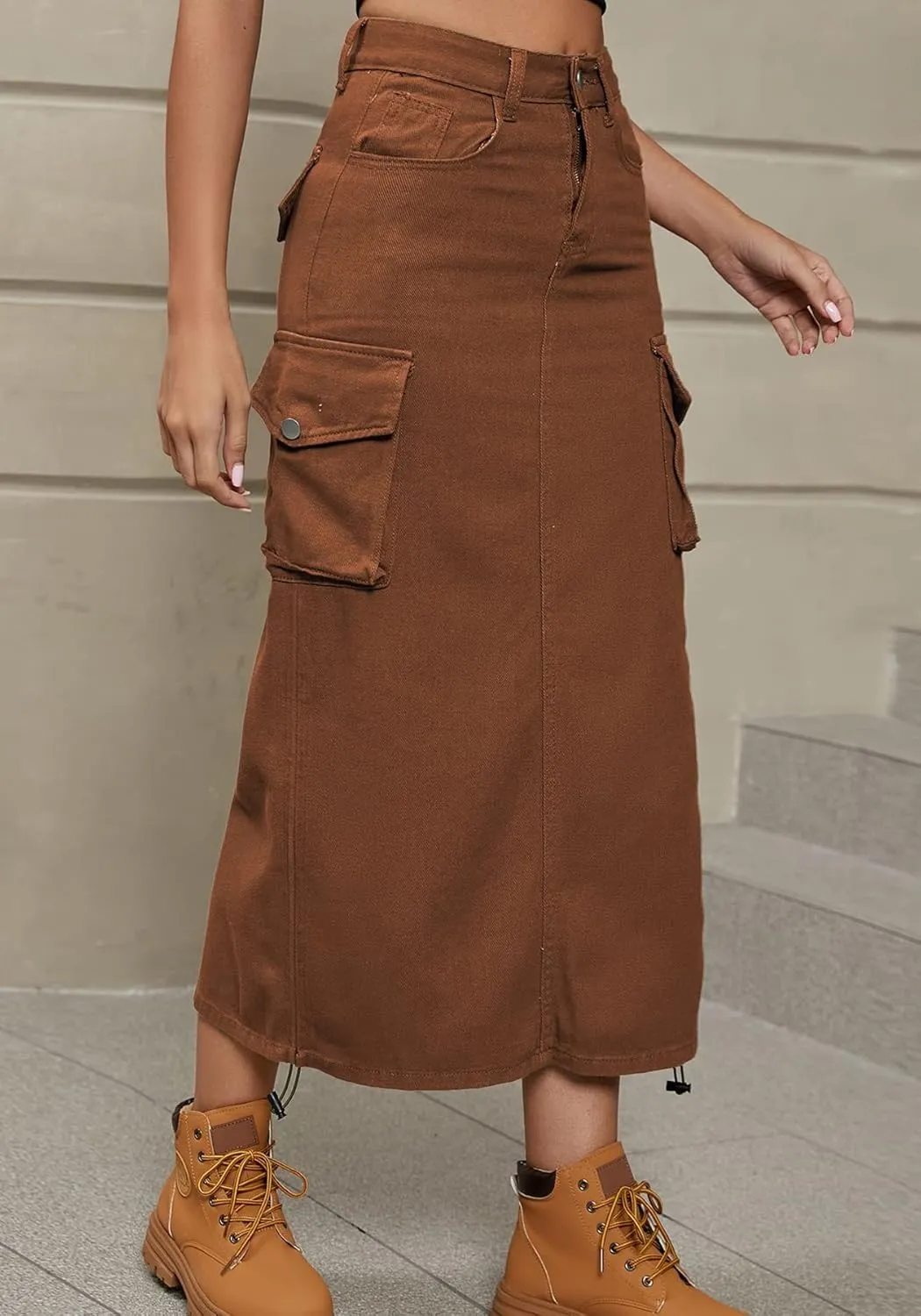 Womens High Waisted Cargo Midi Skirt Drawstring Shirred Y2k Harajuku Skirt with Pockets
