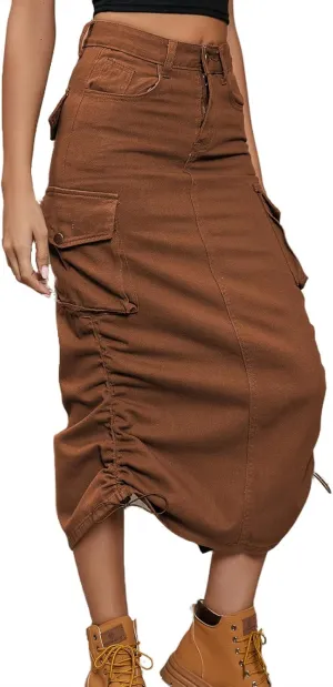 Womens High Waisted Cargo Midi Skirt Drawstring Shirred Y2k Harajuku Skirt with Pockets