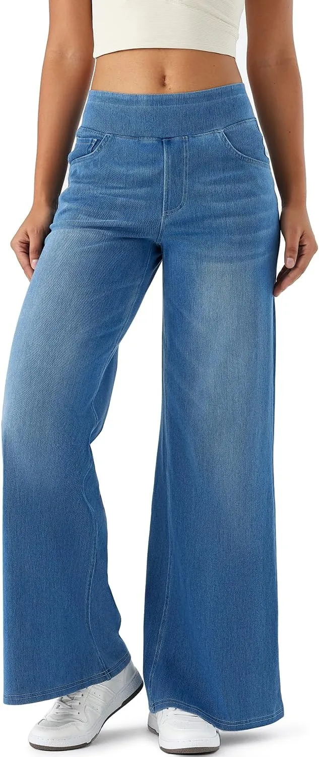 Women's High Waisted Wide Leg Jeggings – Stretch Denim Pull On Flare Jeans with Pockets Casual Comfy Pants