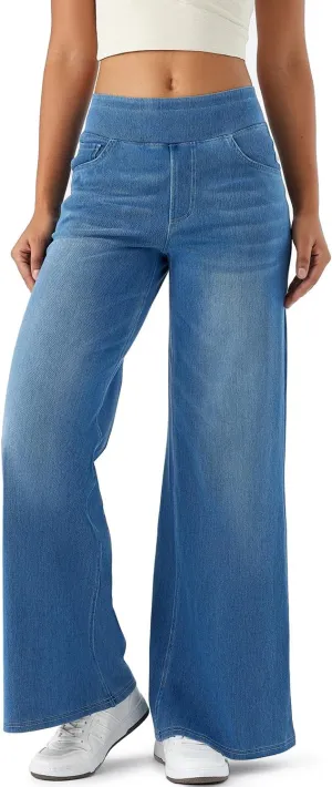 Women's High Waisted Wide Leg Jeggings – Stretch Denim Pull On Flare Jeans with Pockets Casual Comfy Pants