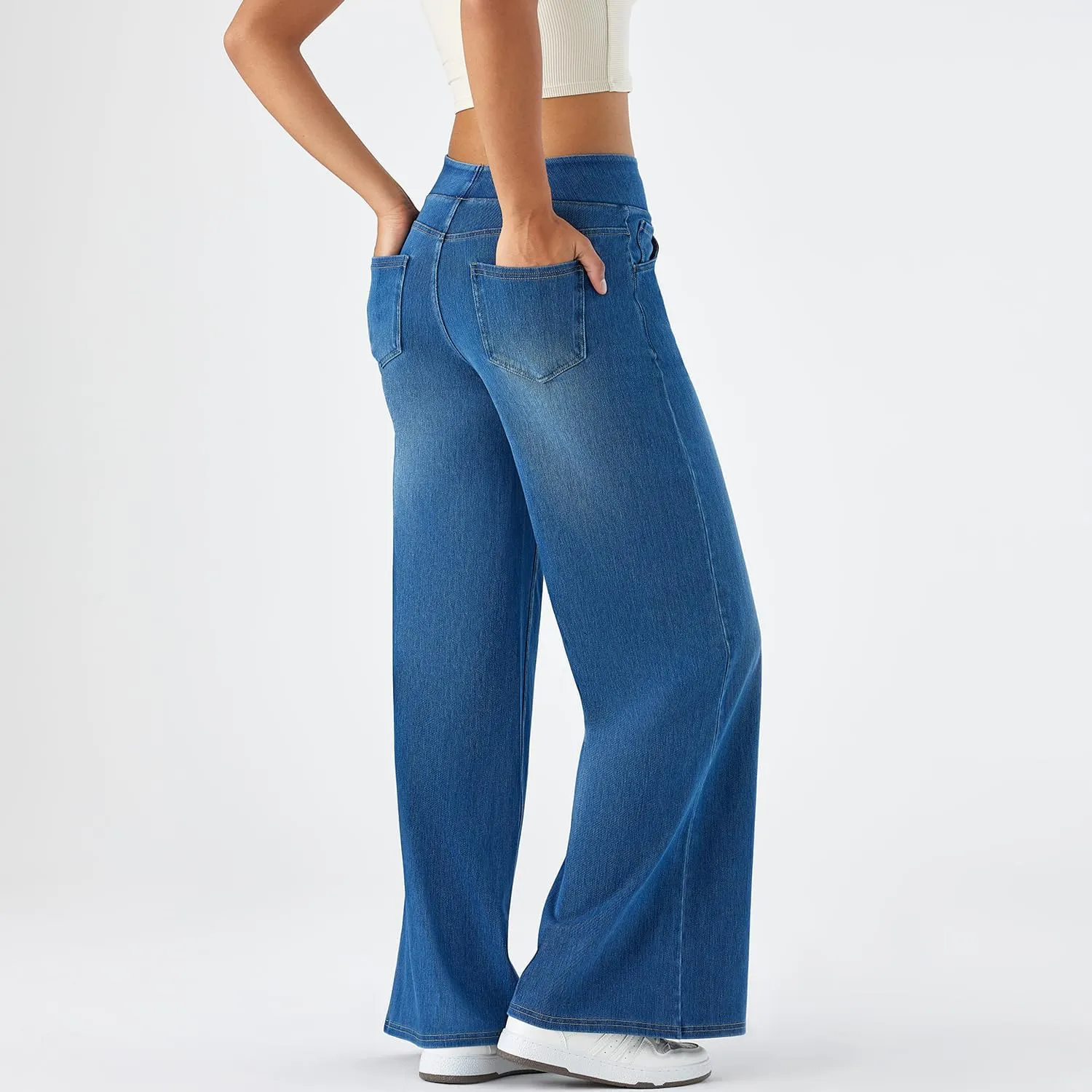 Women's High Waisted Wide Leg Jeggings – Stretch Denim Pull On Flare Jeans with Pockets Casual Comfy Pants
