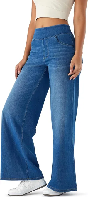Women's High Waisted Wide Leg Jeggings – Stretch Denim Pull On Flare Jeans with Pockets Casual Comfy Pants
