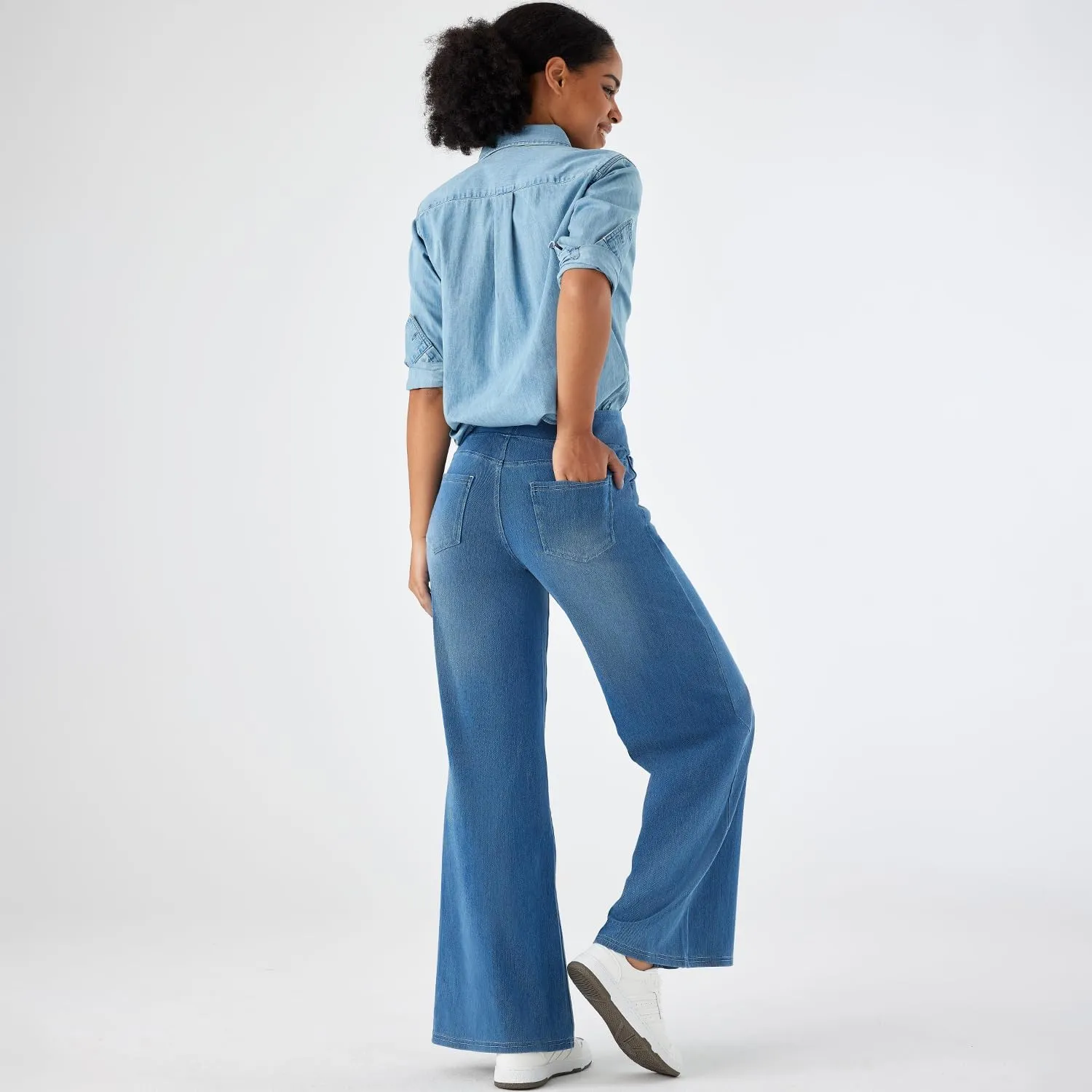 Women's High Waisted Wide Leg Jeggings – Stretch Denim Pull On Flare Jeans with Pockets Casual Comfy Pants
