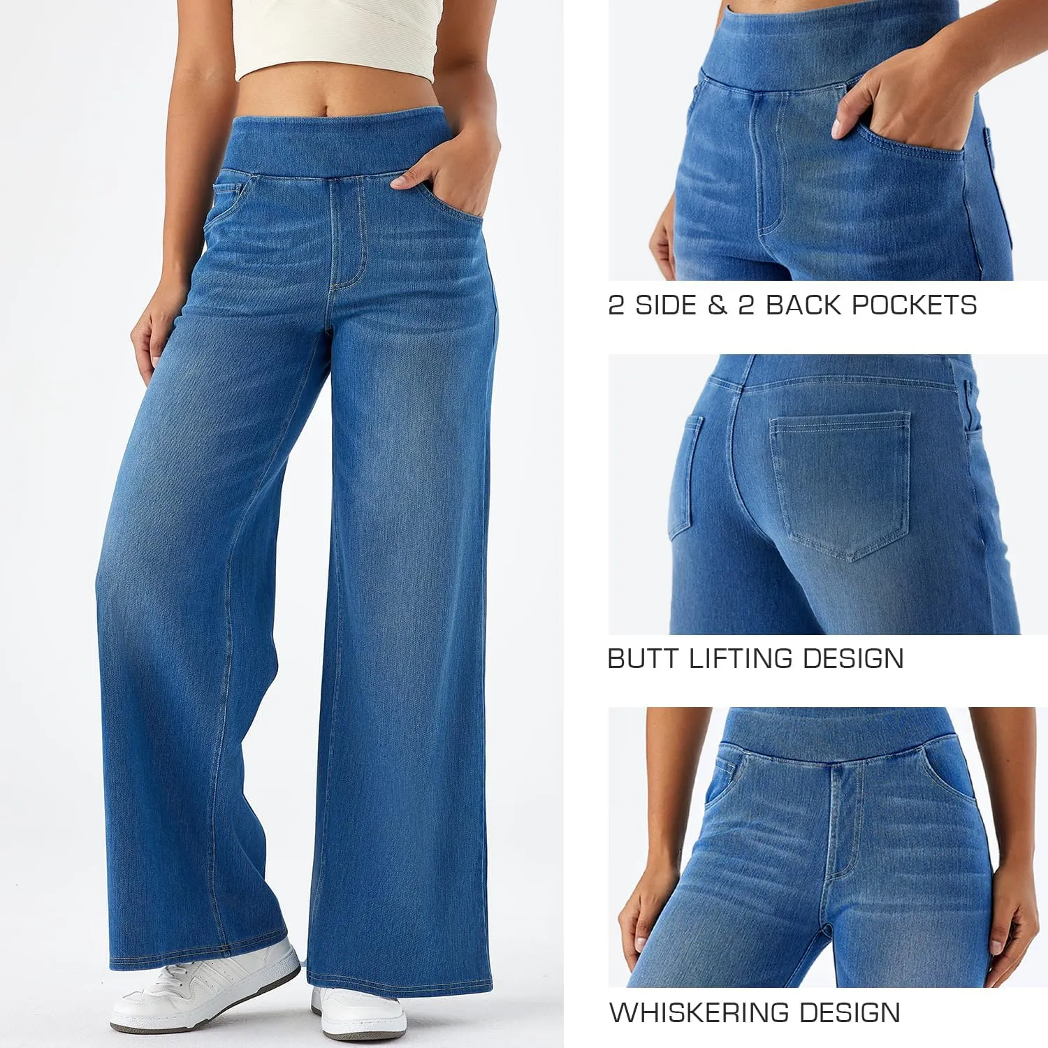 Women's High Waisted Wide Leg Jeggings – Stretch Denim Pull On Flare Jeans with Pockets Casual Comfy Pants