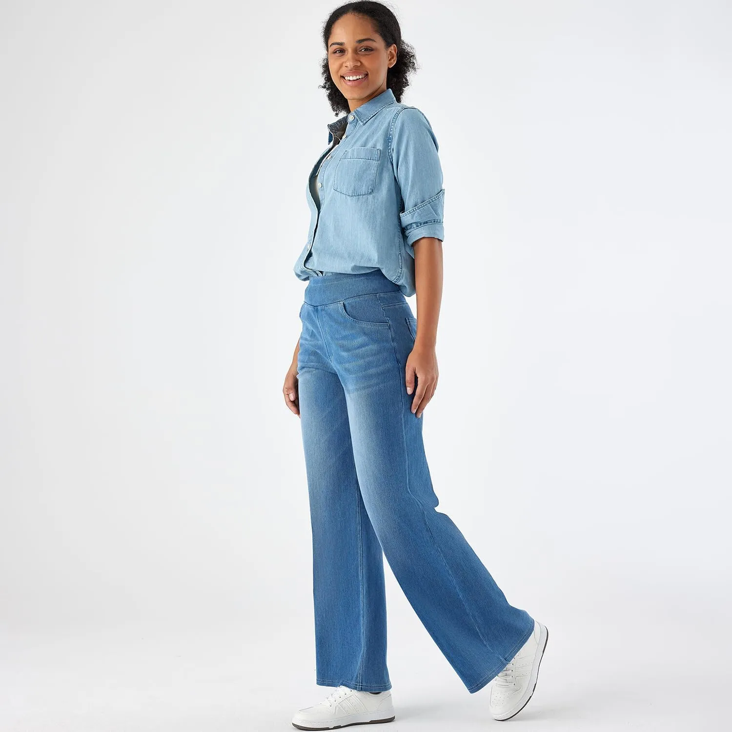 Women's High Waisted Wide Leg Jeggings – Stretch Denim Pull On Flare Jeans with Pockets Casual Comfy Pants