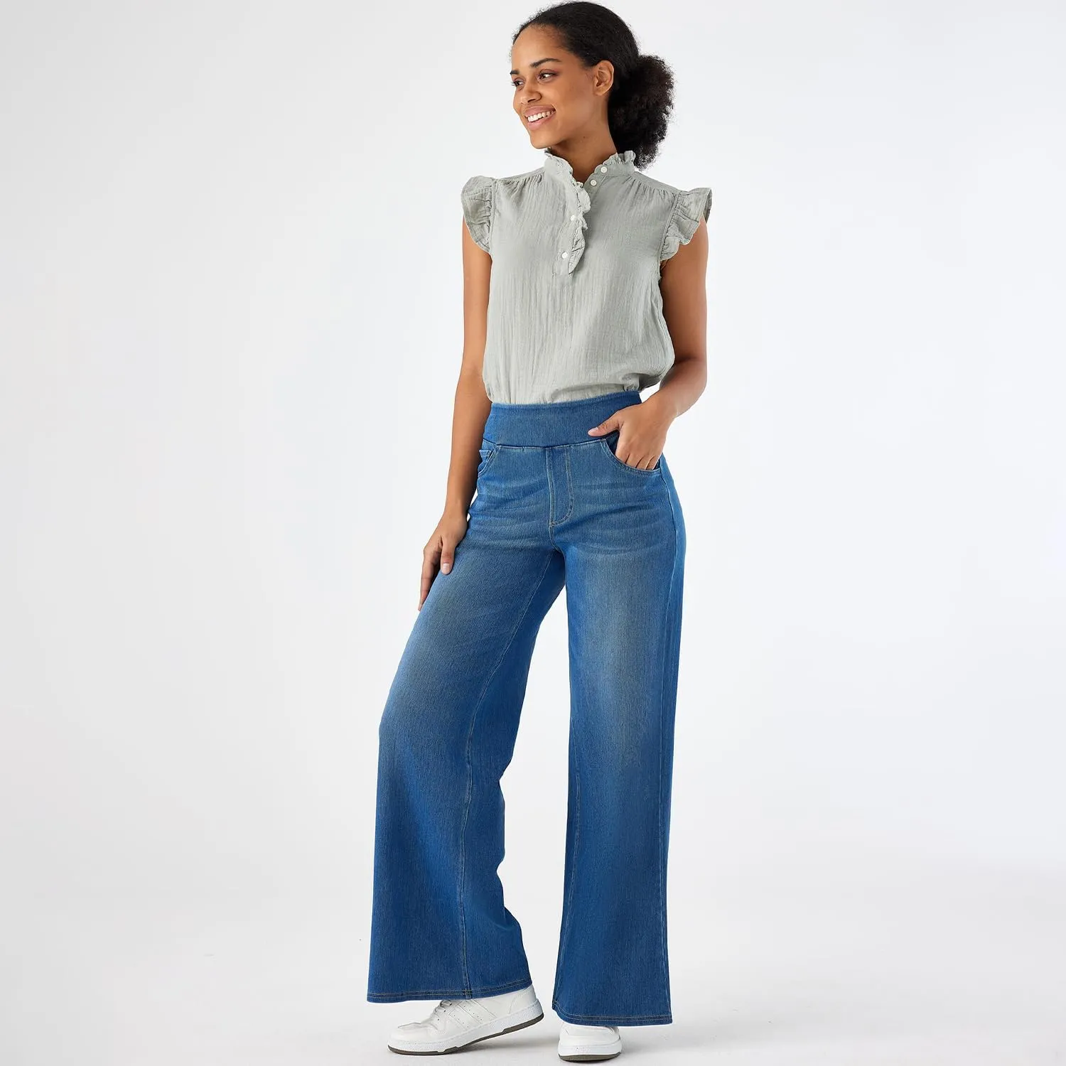 Women's High Waisted Wide Leg Jeggings – Stretch Denim Pull On Flare Jeans with Pockets Casual Comfy Pants