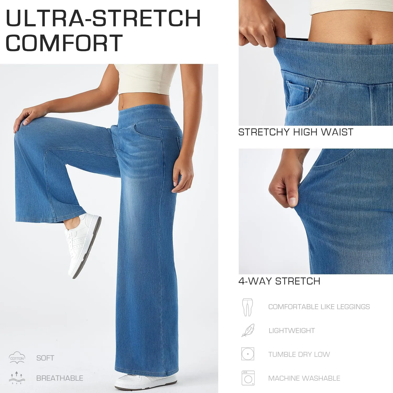 Women's High Waisted Wide Leg Jeggings – Stretch Denim Pull On Flare Jeans with Pockets Casual Comfy Pants