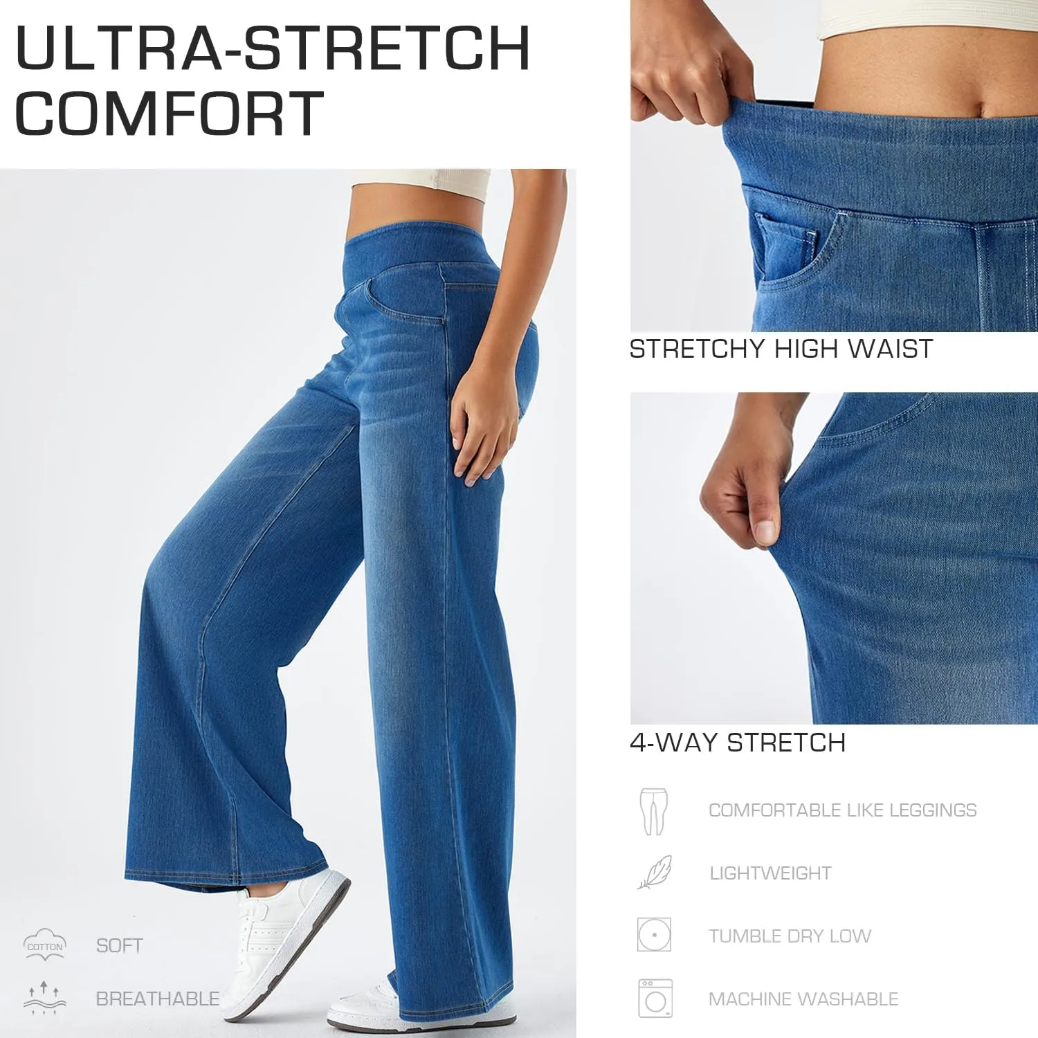 Women's High Waisted Wide Leg Jeggings – Stretch Denim Pull On Flare Jeans with Pockets Casual Comfy Pants