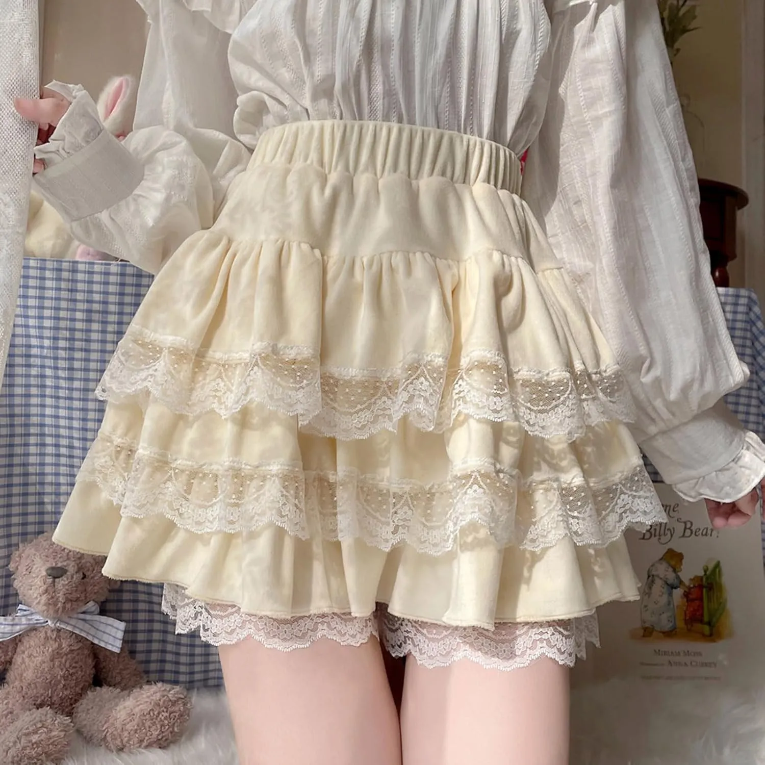Women's Kawaii Lolita Pleated Skirt with Shorts Japanese Sweet Cute Lace Ruffles Skirt Y2k High Waist Plush Mini Skirt
