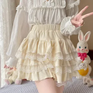Women's Kawaii Lolita Pleated Skirt with Shorts Japanese Sweet Cute Lace Ruffles Skirt Y2k High Waist Plush Mini Skirt