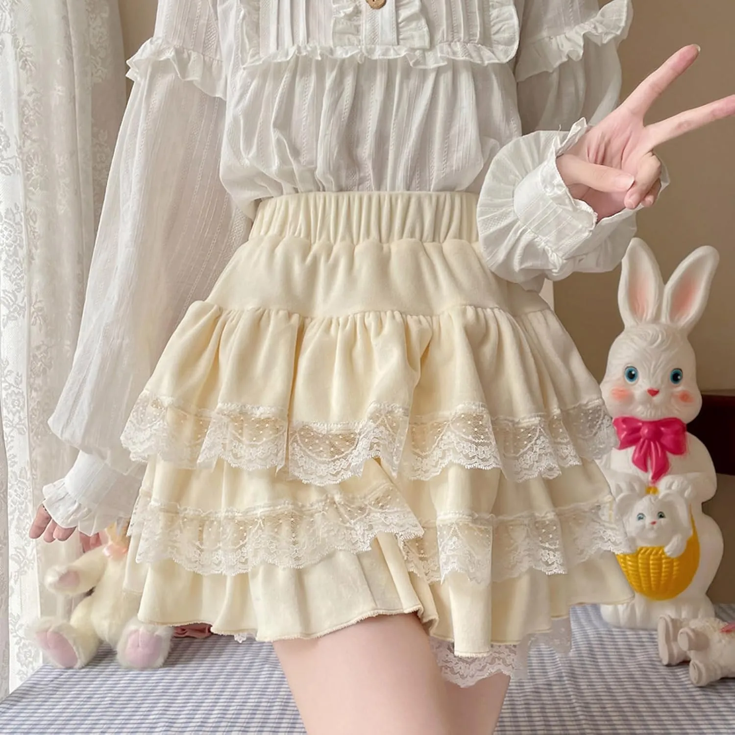 Women's Kawaii Lolita Pleated Skirt with Shorts Japanese Sweet Cute Lace Ruffles Skirt Y2k High Waist Plush Mini Skirt
