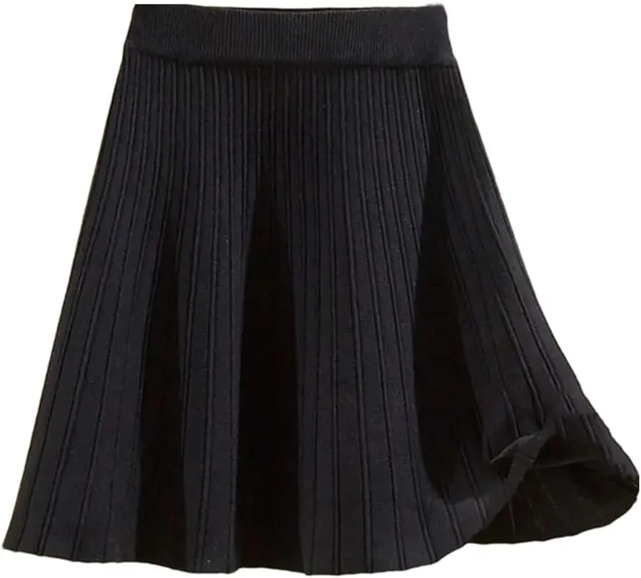 Women's Knitted Skirt Retro Pleated A-Line Stretch High Waist Solid Color Casual Mini Skirts