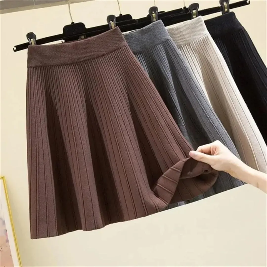 Women's Knitted Skirt Retro Pleated A-Line Stretch High Waist Solid Color Casual Mini Skirts