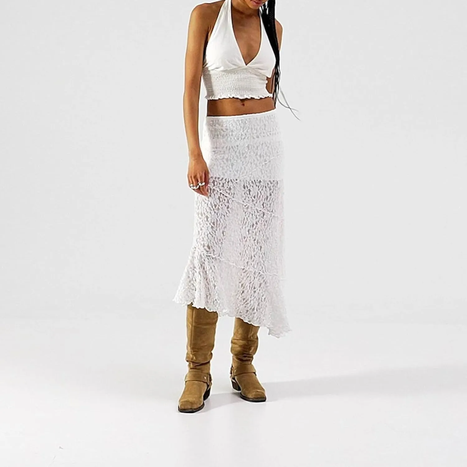 Womens Lace Maxi Skirt Y2k High Waist Sheer Mesh Midi Skirt Sexy See Through Cover Up Long Skirt Streetwear