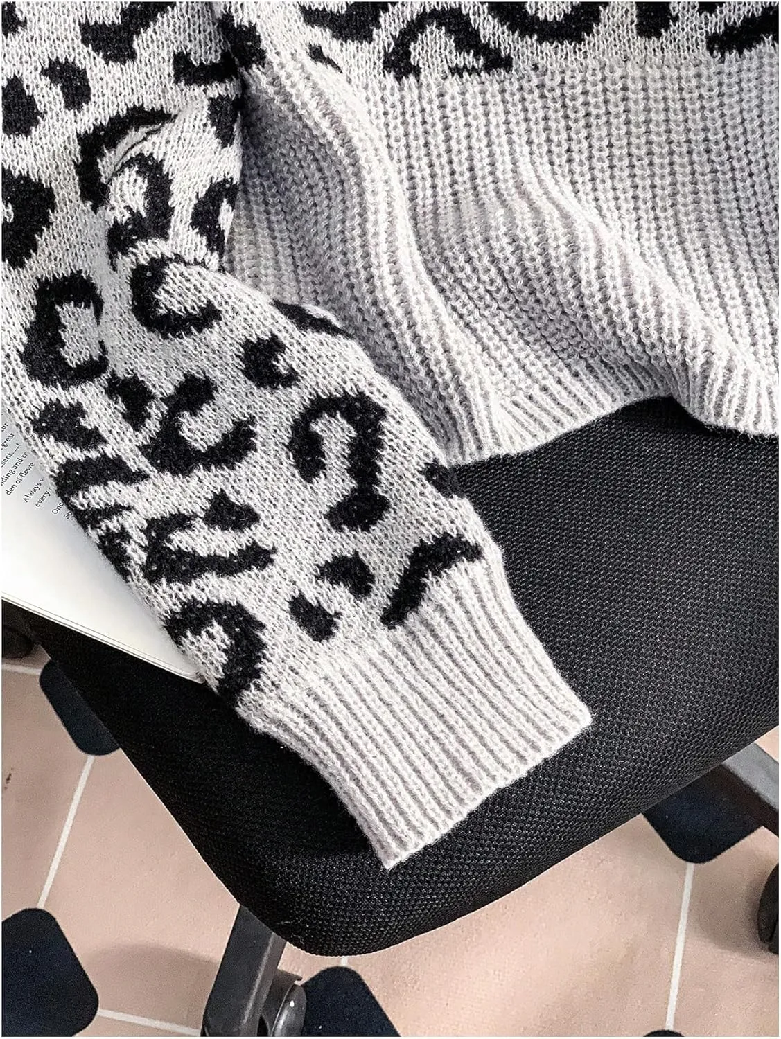 Women's Leopard Print Sweater Boat Neck Long Sleeve Pullover Tops Y2k Knitwear