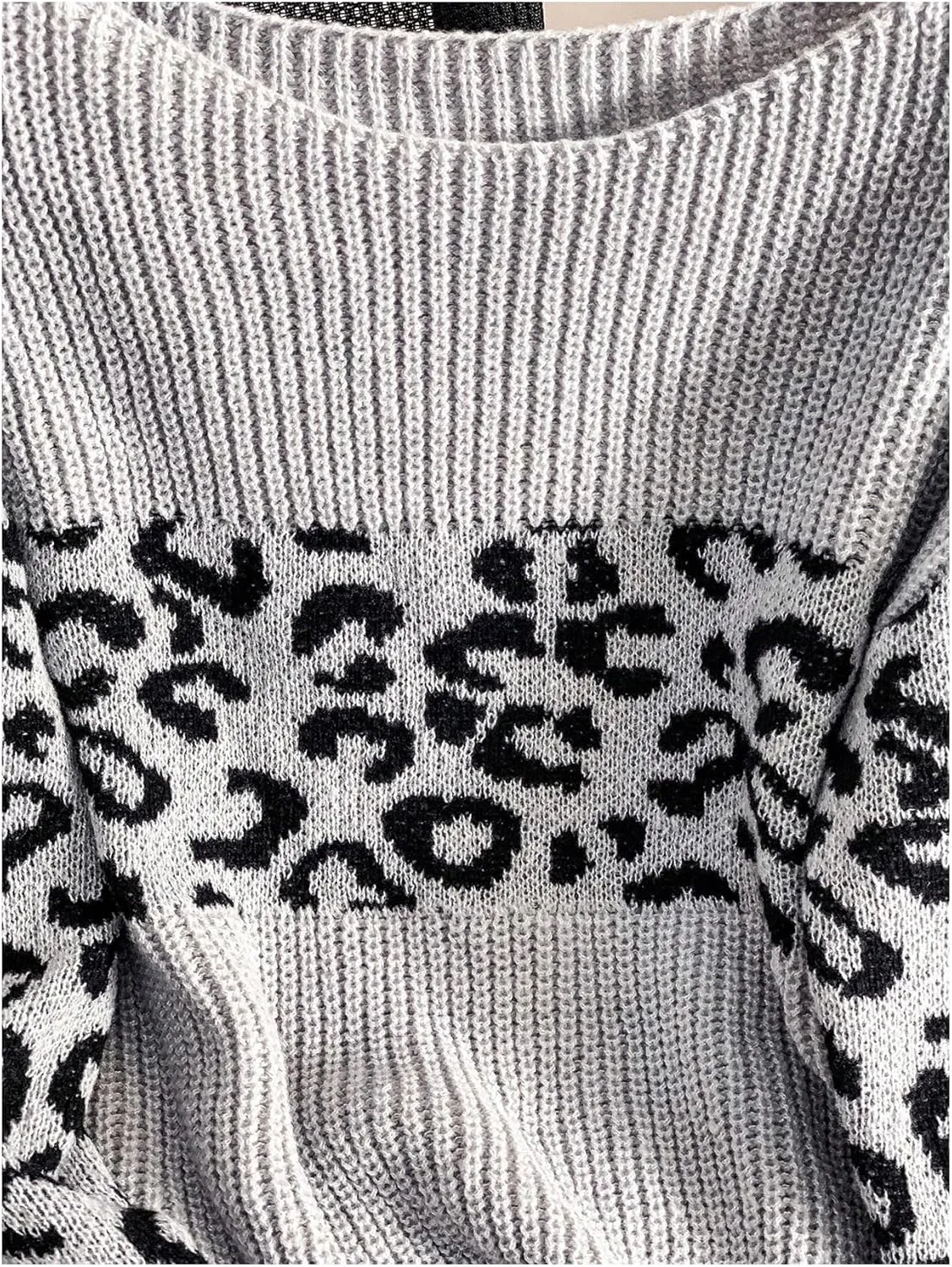 Women's Leopard Print Sweater Boat Neck Long Sleeve Pullover Tops Y2k Knitwear