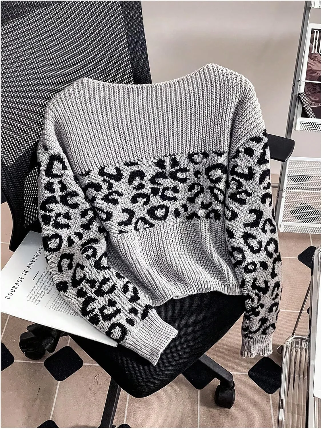 Women's Leopard Print Sweater Boat Neck Long Sleeve Pullover Tops Y2k Knitwear