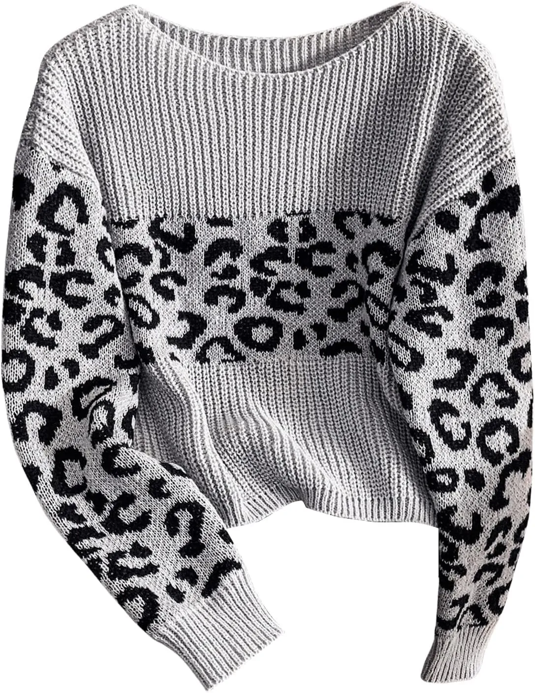 Women's Leopard Print Sweater Boat Neck Long Sleeve Pullover Tops Y2k Knitwear