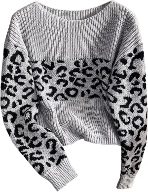 Women's Leopard Print Sweater Boat Neck Long Sleeve Pullover Tops Y2k Knitwear