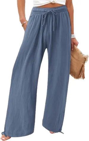 Womens Linen Palazzo Pants Drawstring High Waisted Wide Leg Pants Elastic Casual Loose Flowy Trousers with Pocket