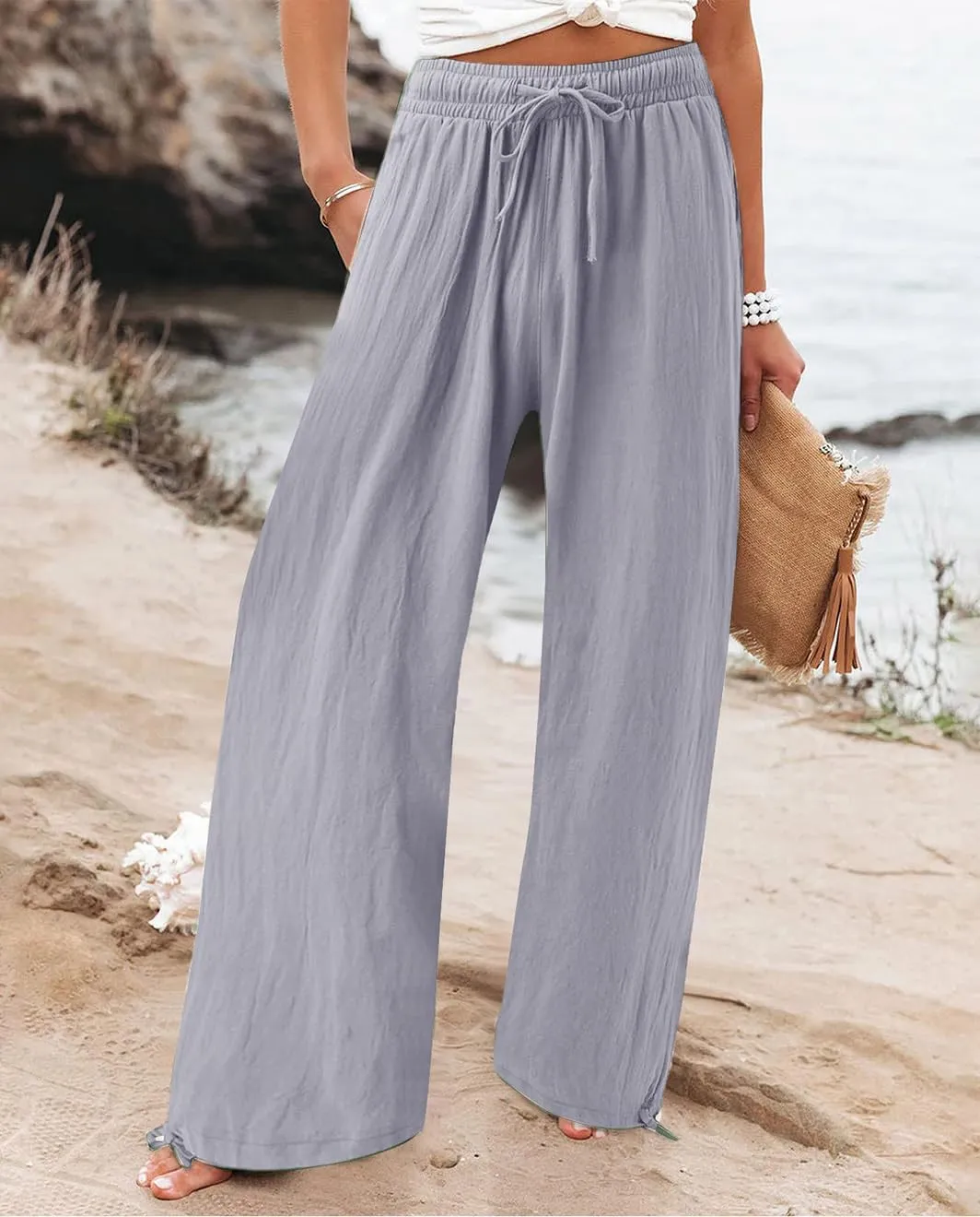 Womens Linen Palazzo Pants Drawstring High Waisted Wide Leg Pants Elastic Casual Loose Flowy Trousers with Pocket