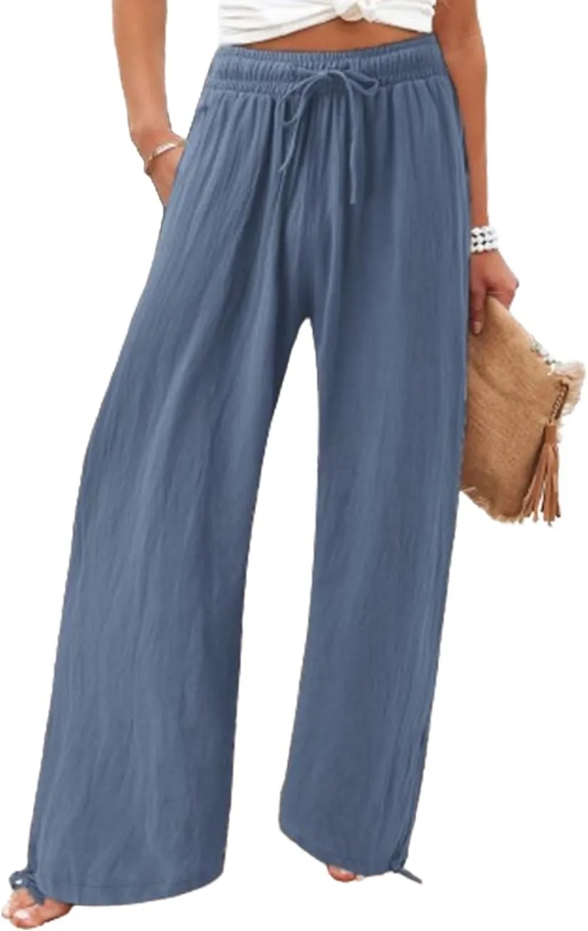Womens Linen Palazzo Pants Drawstring High Waisted Wide Leg Pants Elastic Casual Loose Flowy Trousers with Pocket
