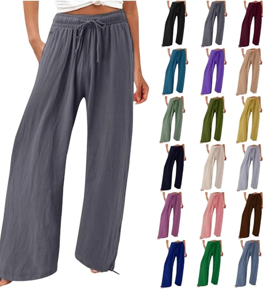 Womens Linen Palazzo Pants Drawstring High Waisted Wide Leg Pants Elastic Casual Loose Flowy Trousers with Pocket
