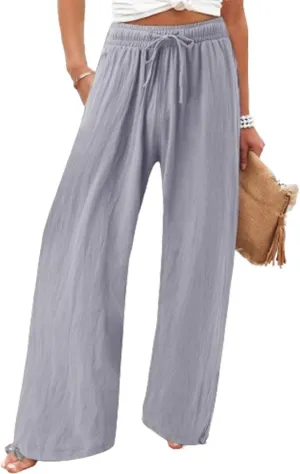 Womens Linen Palazzo Pants Drawstring High Waisted Wide Leg Pants Elastic Casual Loose Flowy Trousers with Pocket