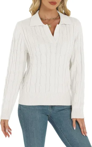 Womens Long Sleeve Sweaters Cable Tops Solid Lapel Polo V Neck Knit Casual Soft Pullover Shirt 2025 Spring Outfits