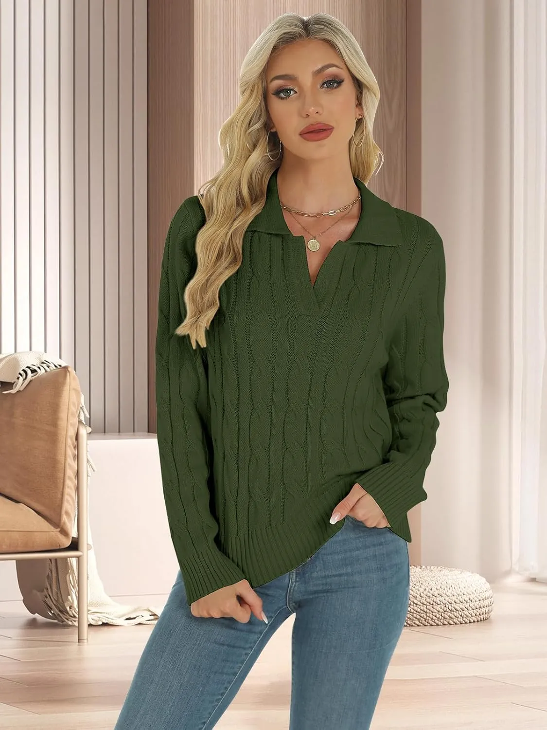 Womens Long Sleeve Sweaters Cable Tops Solid Lapel Polo V Neck Knit Casual Soft Pullover Shirt 2025 Spring Outfits