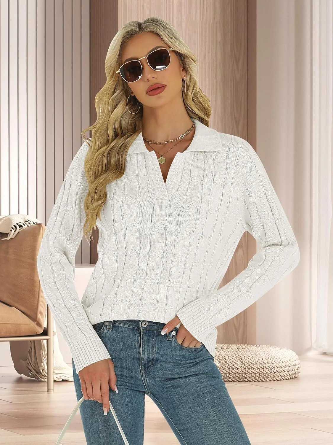 Womens Long Sleeve Sweaters Cable Tops Solid Lapel Polo V Neck Knit Casual Soft Pullover Shirt 2025 Spring Outfits