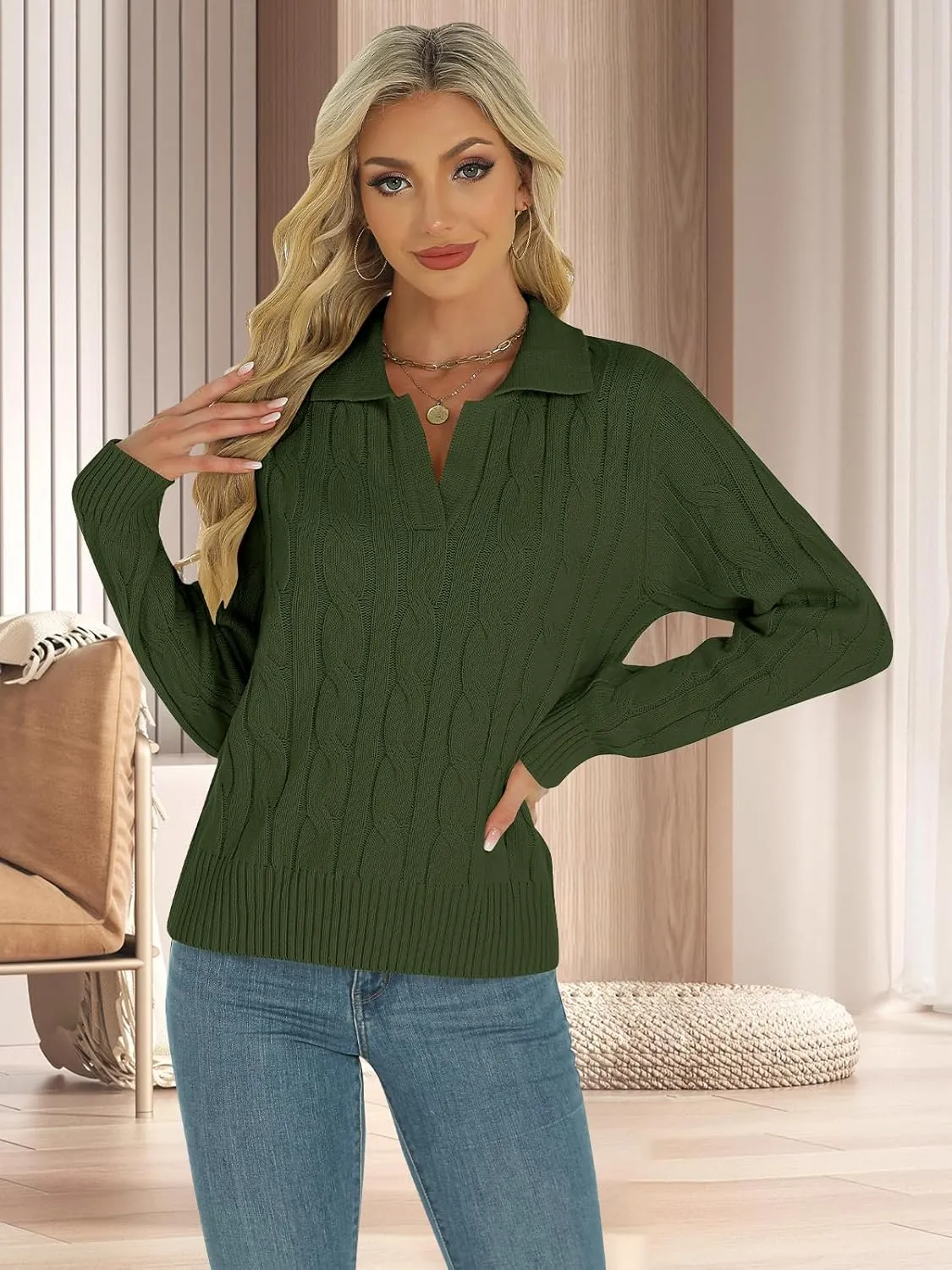 Womens Long Sleeve Sweaters Cable Tops Solid Lapel Polo V Neck Knit Casual Soft Pullover Shirt 2025 Spring Outfits