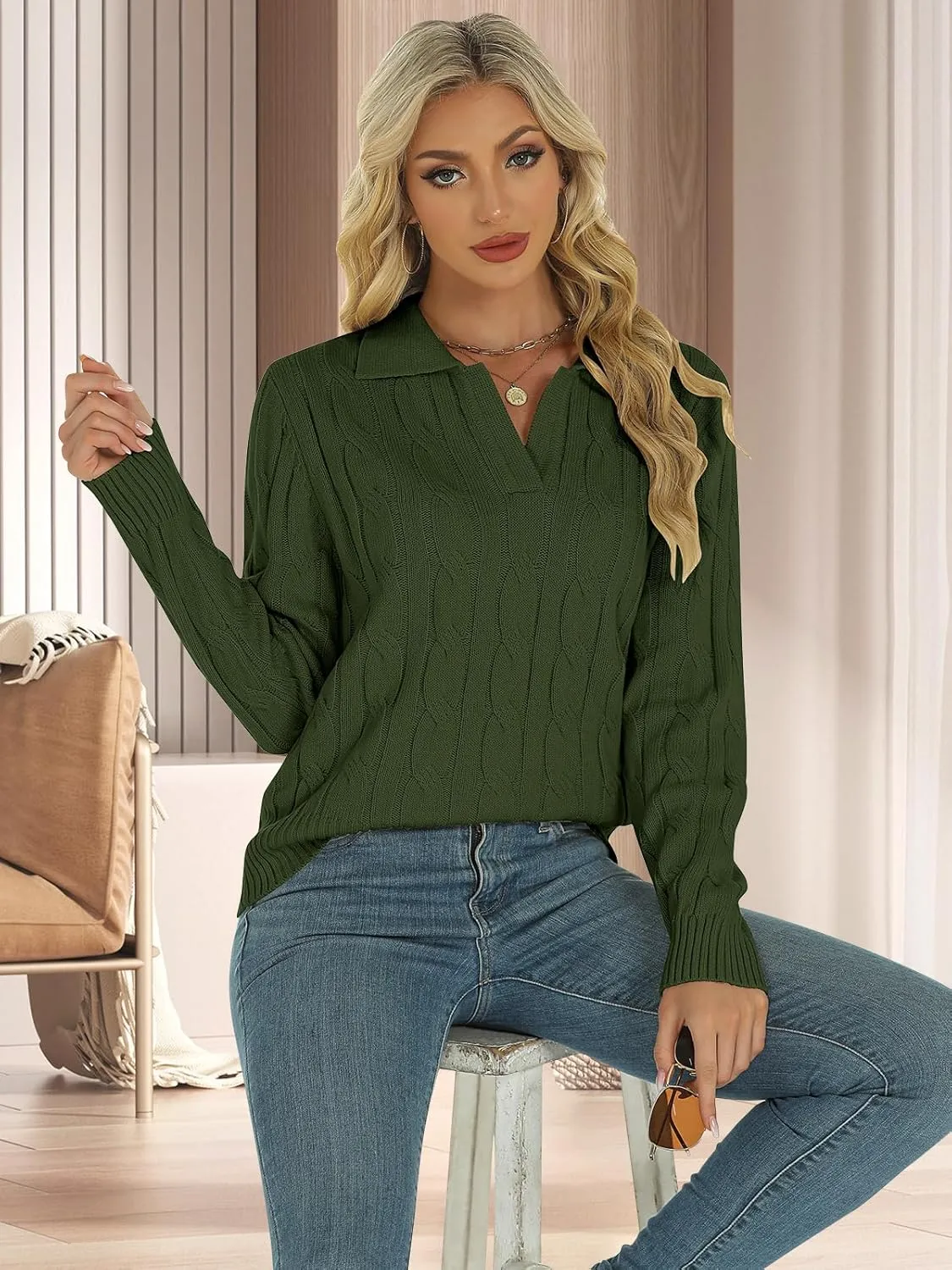 Womens Long Sleeve Sweaters Cable Tops Solid Lapel Polo V Neck Knit Casual Soft Pullover Shirt 2025 Spring Outfits